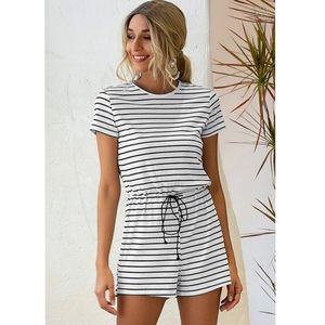 White and black ribbed striped romper